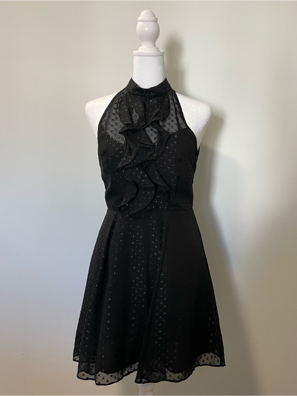 BCBGeneration Black Halter Ruffle Mini Dress with Sheer Polka Dot Overlay